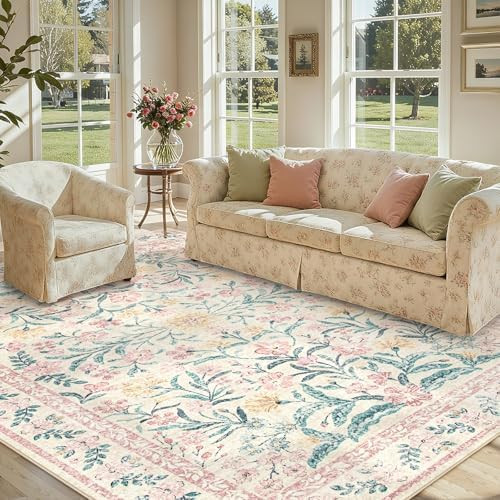 Amazon.com: Lahome Sylvie Area Rugs 8x10 for Living Room, Boho Machine Washable Pink Cottage Deco... | Amazon (US)