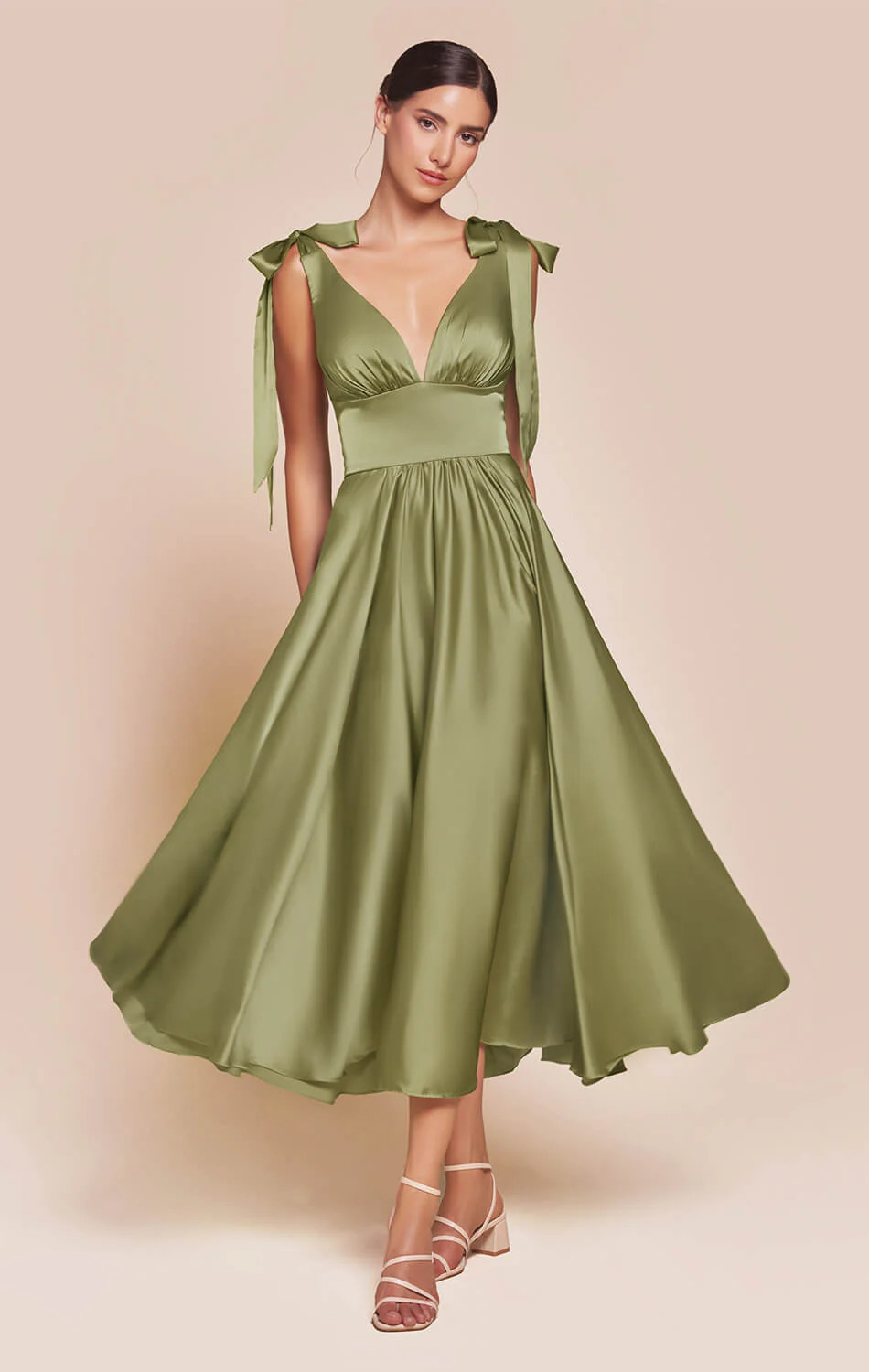 MAGGIE MIDI DRESS - GREENERY - TEA LENGTH SOFT SATIN A-LINE DRESS | Lady Black Tie