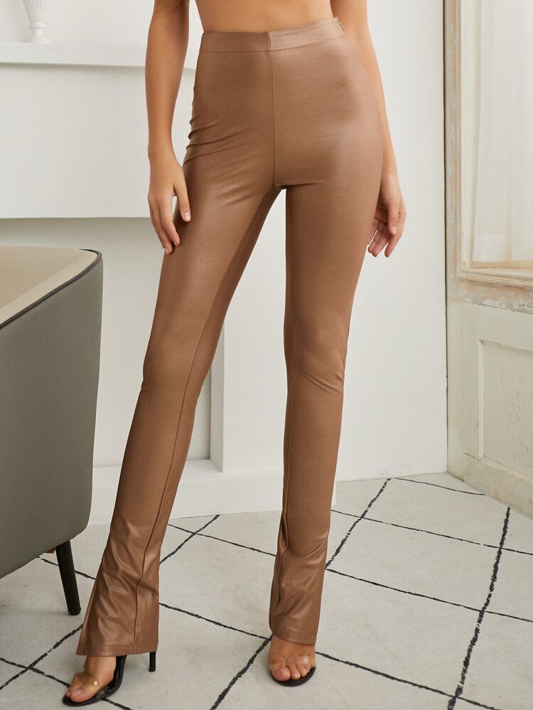 SBetro Zip Side Slit Hem Leather Look Pants | SHEIN