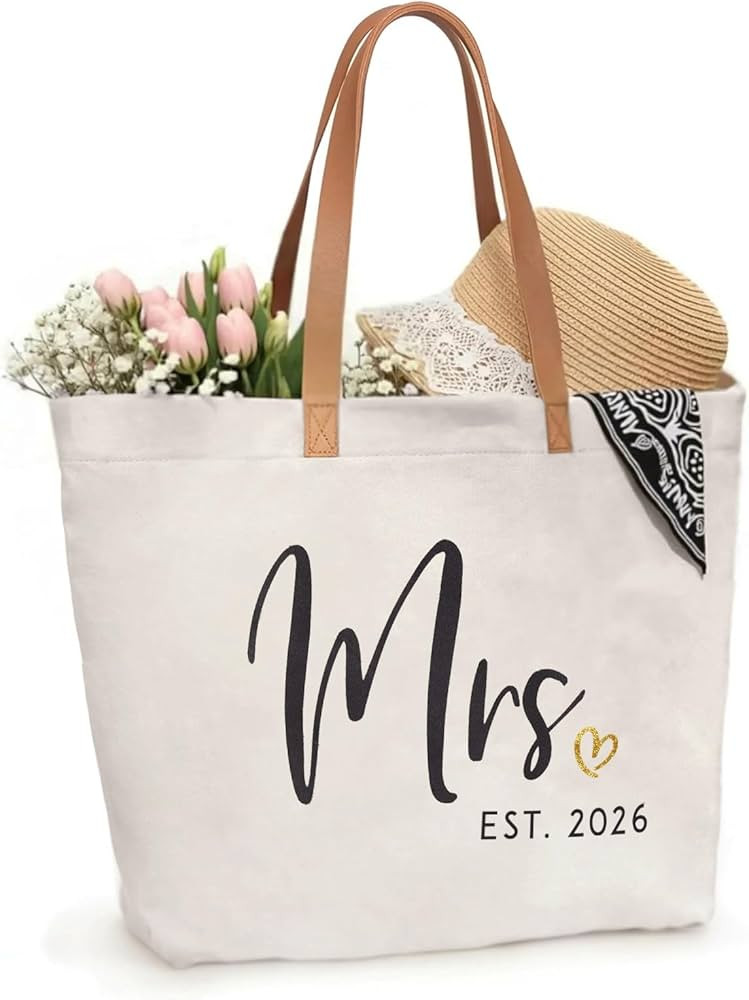 ELEGANTPARK Mrs Gifts for Bride 2026 - Large Canvas Wedding Tote Bag with Zipper, Bridal Shower G... | Amazon (US)
