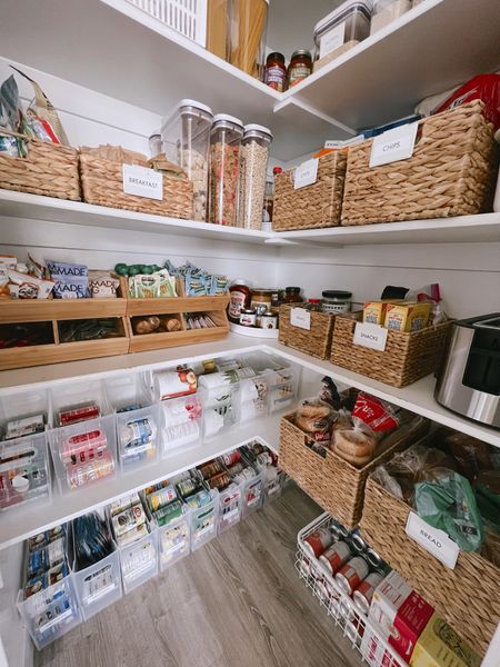 Small pantry storage for home organization - I used xl multipurpose bins for backstock top shelves, medium got regular cans and large for bigger soups and cans 