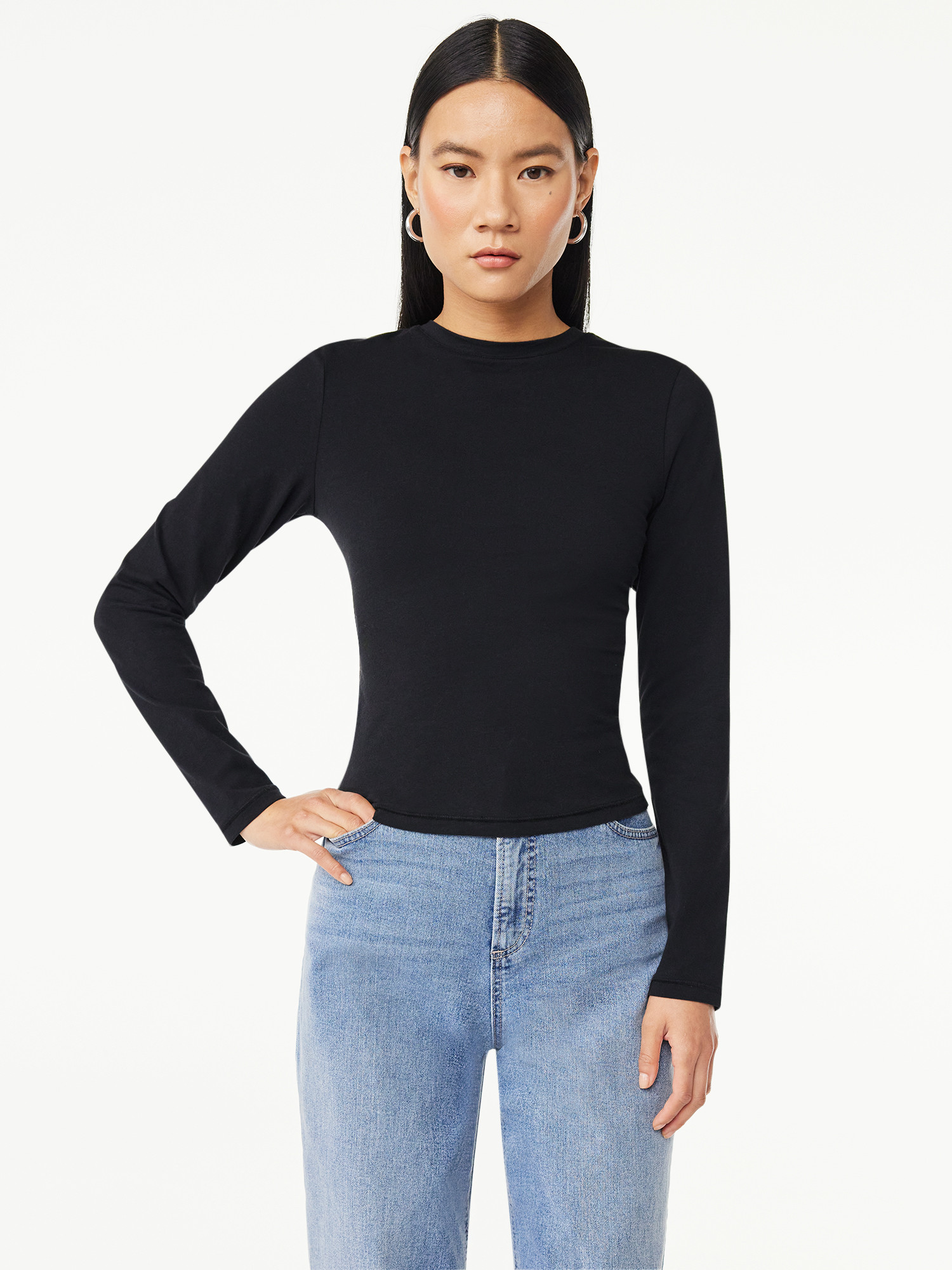 Scoop Women's Stretch Cotton Fitted Baby Tee with Long Sleeves, Sizes XS-XXL | Walmart (US)