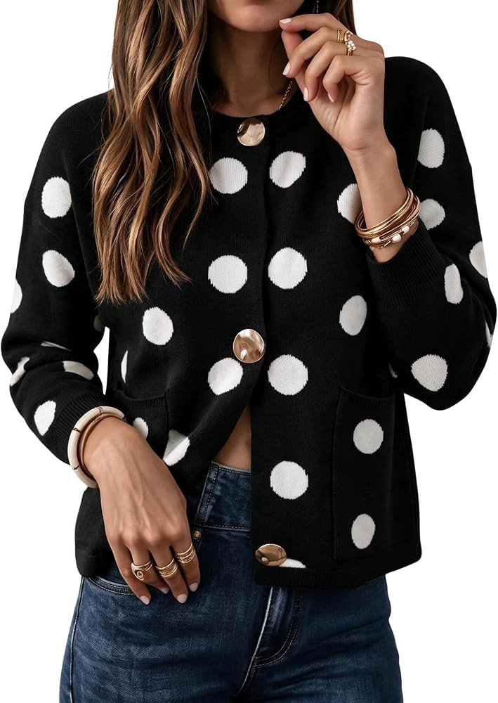 Athlisan Women's Polka Dot Cropped Knit Cardigan Long Sleeve Button Sweater | Amazon (US)