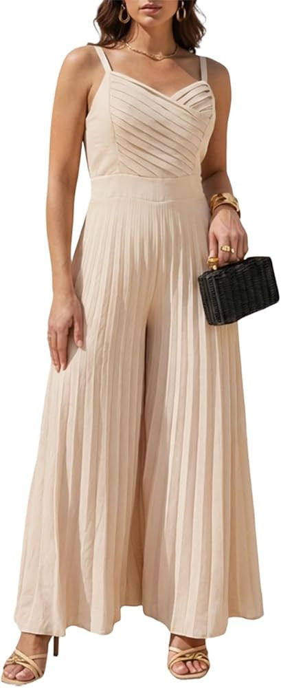 CHICME Women’s V Neck Spaghetti Strap Jumpsuits Wide Leg Pleated Pants Summer Cami Overalls | Amazon (US)