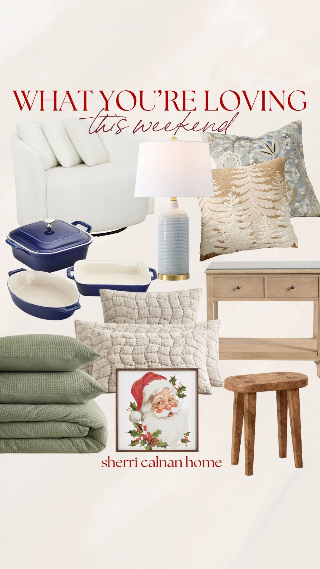 What you’re loving this weekend. Sherricalnanhome, weekend best sellers, home best sellers, viral Santa wallart, quince bedding, teak target stool, viral pottery barn night stand, throw pillows, neutral home decor, coastal living decor inspo, table lamp, pottery barn quilt 

#LTKFindsUnder50 #LTKHome #LTKFindsUnder100