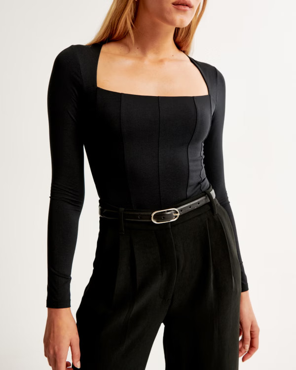 Long-Sleeve Cotton Seamless Fabric Squareneck Bodysuit | Abercrombie & Fitch (US)