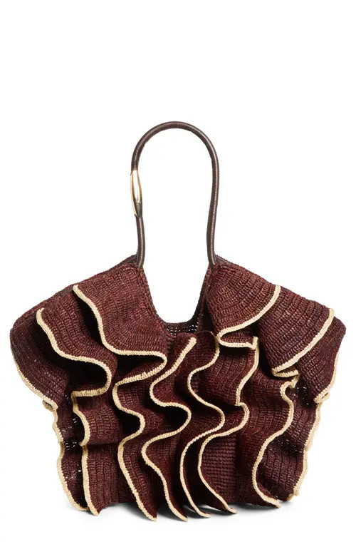 Zimmermann Medium Goldentime Ruffle Raffia Tote in Chocolate at Nordstrom | Nordstrom