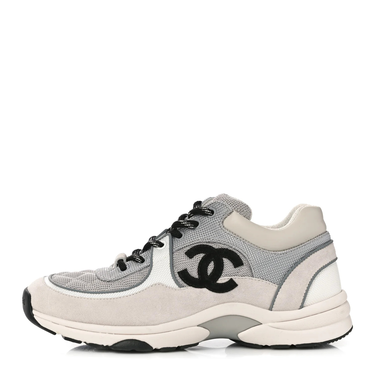 CHANEL Nylon Calfskin Suede Womens CC Sneakers 38.5 Grey White | FASHIONPHILE | FASHIONPHILE (US)