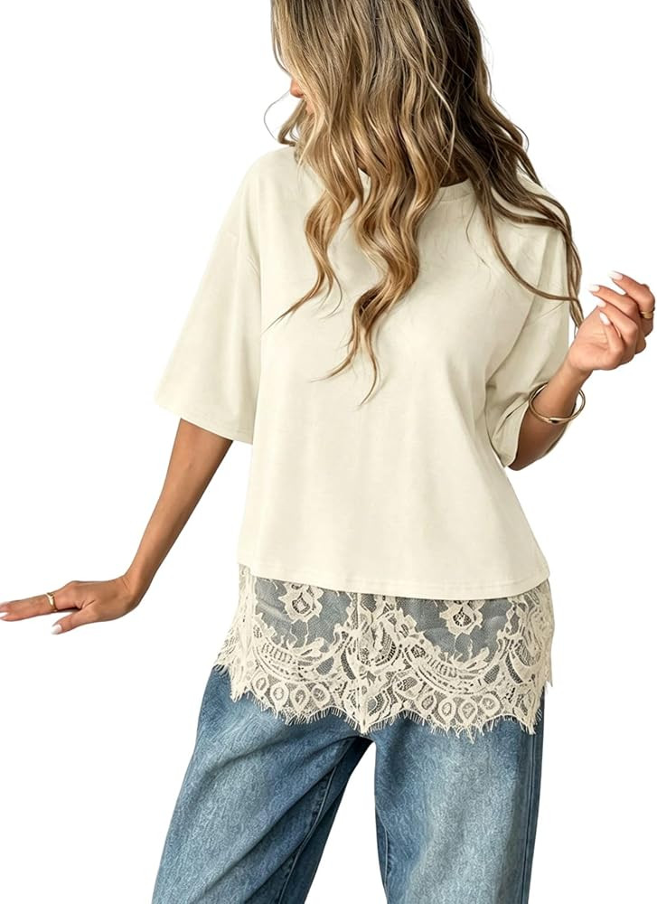 Verdusa Women's Y2k Lace Tops Summer Short Sleeve Tshirts Basic Tees Going Out Outfits | Amazon (US)