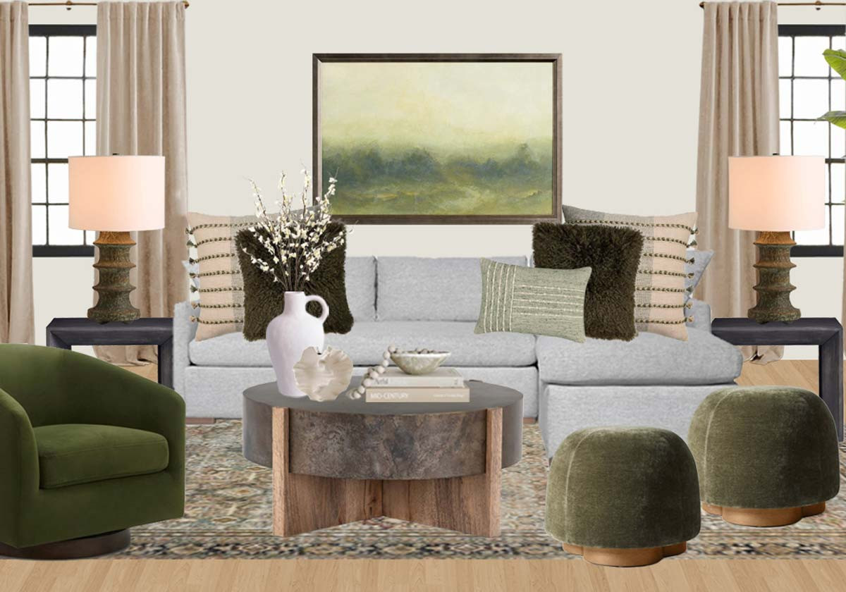 If you’re decorating around a grey sofa, this living room design shows exactly how to warm it up and make it feel rich, layered, and designer. This space mixes a neutral grey sectional with deep olive green accents, warm wood tones, organic textures, and soft neutrals for a cozy high-end look on a budget.

Shop this look to recreate a modern organic living room with:

• Grey sectional sofa (the perfect neutral foundation)
• Olive green accent chair for depth and contrast
• Green velvet ottomans for texture + extra seating
• Neutral textured throw pillows for layering and softness
• Dark moody accent pillows for contrast and balance
• Warm wood + stone coffee table for an elevated designer look
• Black sculptural side tables for contrast and modern edge
• Beige curtains to soften the room and frame the windows
• Oversized landscape wall art with green tones to tie the palette together
• Table lamps with warm linen shades for cozy ambient lighting
• Vintage-inspired neutral area rug to ground the entire space
• Decorative vase + coffee table styling pieces for that finished designer touch

This grey sofa living room color scheme works beautifully if your space feels too cold, too plain, or like it’s missing personality. The olive green adds richness and warmth without overwhelming the neutral palette, while the layered textures create that expensive, collected look designers always use.

Perfect for: grey sofa living room ideas, grey couch decor, green and grey living room ideas, olive green living room decor, neutral living room ideas, modern organic living room, cozy living room design, decorating with green accents, luxury living room ideas, designer living room inspiration

👉 Shop all the pieces to recreate this look in your home 
BLOG modern grey couch 4-22-26 

 #LTKSeasonal #LTKOver40 #LTKHome
