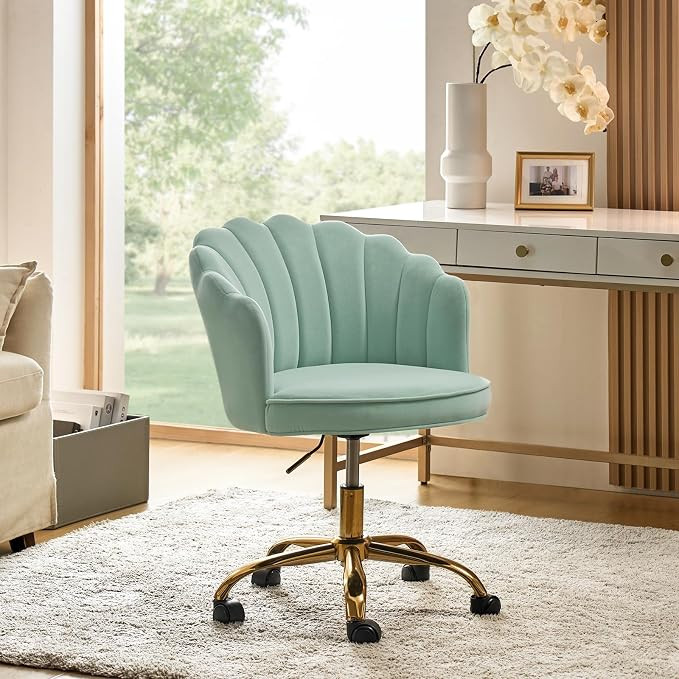 HULALA HOME Velvet Home Office Chair with Gold Base, Womans Modern Cute Shell Back Upholstered De... | Amazon (US)