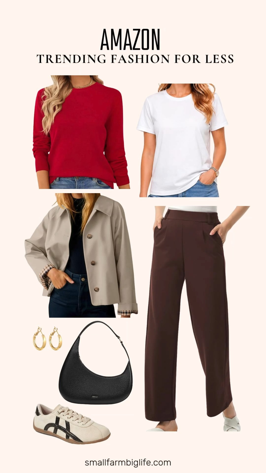 This edit rounds up the trending fall pieces worth adding to your closet, all easy to shop and budget friendly.

Starting with basics: a white 100% cotton crew neck tee, and a red 100% cotton lightweight pullover sweater with a soft knit fit, both easy to layer or wear on their own.

For bottoms: a brown wide leg work pant with an elastic waistband and high waisted pull on fit, perfect for the office or casual days.

For shoes and accessories: beige suede low profile walking sneakers with a thin sole, chunky 14k gold plated hoop earrings, a black leather shoulder bag with a zipper closure, and a light beige short trench jacket with a plaid lining and button front.

#trendingfashion #widelegpants #hoopearrings #falltrenchjacket #amazonfashionfinds 

 #LTKootd #LTKOver40 #LTKWorkwear