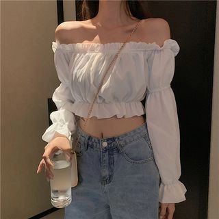 Off-Shoulder Long-Sleeve Crop Top White - One Size | YesStyle Global