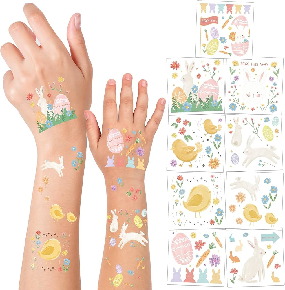 Cheerland Easter Tattoos for Kids Bunny Birthday Temporary Tattoos Easter Egg Floral Baby Chick W... | Amazon (US)