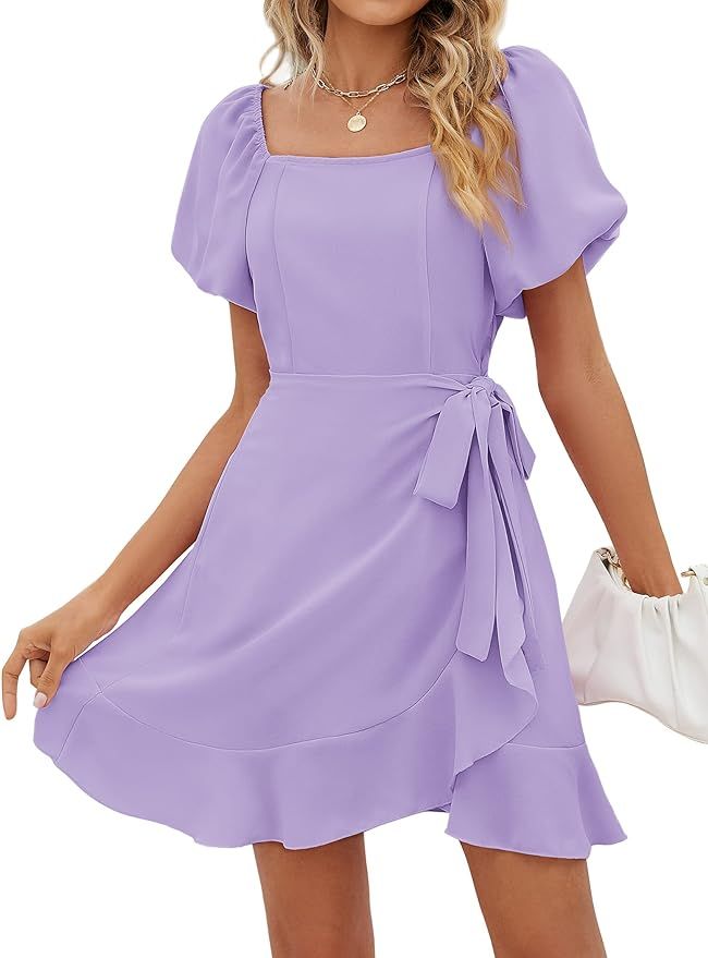 SAMPEEL Womens Square Neck Puff Sleeve Dresses Summer Tie Waist Dress | Amazon (US)