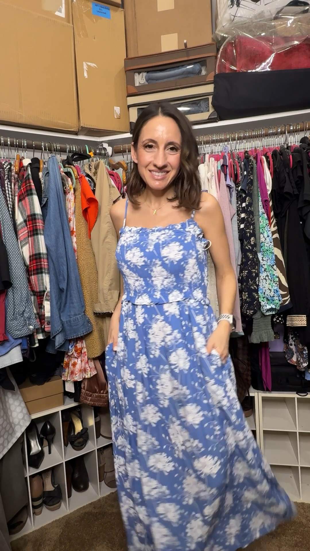 Blue and white floral dress with pockets. I love the tie strap detail. It makes the straps adjustable. 
Runs big. Go down 1 size. 
Petite friendly dress 
Petite outfit 
Spring dress


#LTKOver40 #LTKPetite #LTKootd