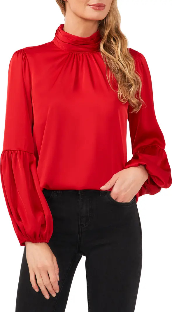 CeCe Mock Neck Blouson Sleeve Satin Top | Nordstrom | Nordstrom