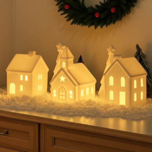 Vilike 5Pcs White Ceramic Christmas Village Houses, Porcelain Light Up Christmas Village, 3 Village Figurines and 2 Trees, Tabletop Christmas Decor for Home, Winter Holiday Display, DIY Gift | Amazon (US)