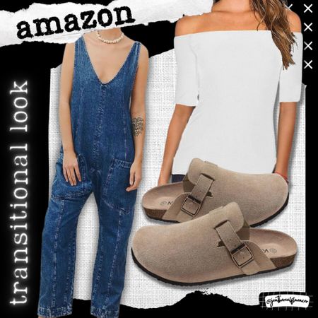 Amazon transitional look, jeans, denim, overalls, off the shoulder bodysuit, mules, slides, comfy look 

#LTKSeasonal #LTKunder100 #LTKstyletip