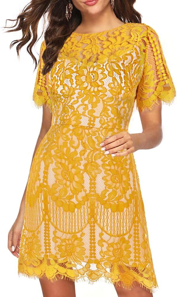 Women's Elegant Round Neck Short Sleeves V-Back Floral Lace Cocktail Party A Line Dress 910 | Amazon (US)