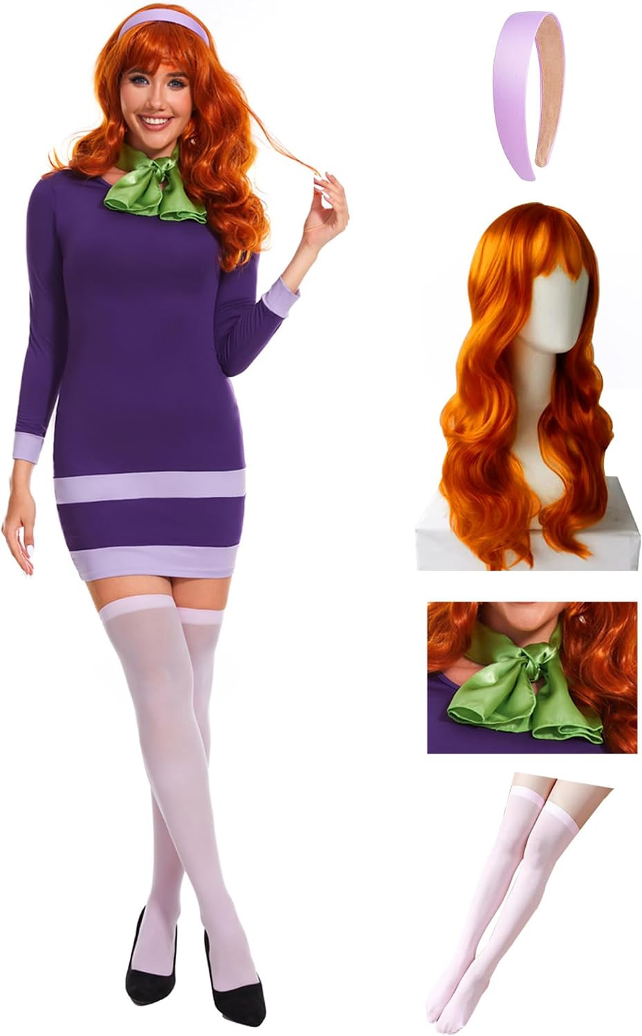 Halloween 5pcs Costume Long Sleeve Bodycon Purple Mini Dress with Scarf | Amazon (US)