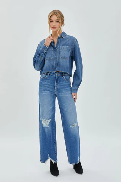 [ABBEY] MEDIUM WASH CROPPED DENIM SHIRT | Hidden Jeans