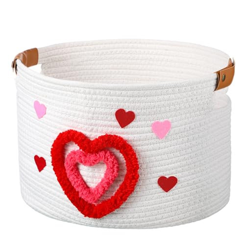 Yookeer Valentine Gift Basket with Handles, Cute Woven Heart Basket for Stuffers, Simplicity Valentine Cotton Rope Storage for Gifts Toy Room Decor | Amazon (US)