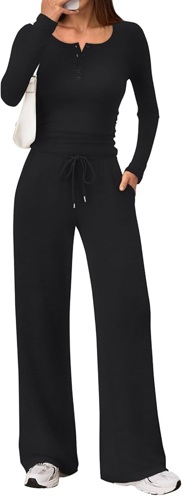 Trendy Queen Women's 2 Piece Matching Lounge Sets Fall Fashion Outfits Henley Neck Sweater Top Wi... | Amazon (US)