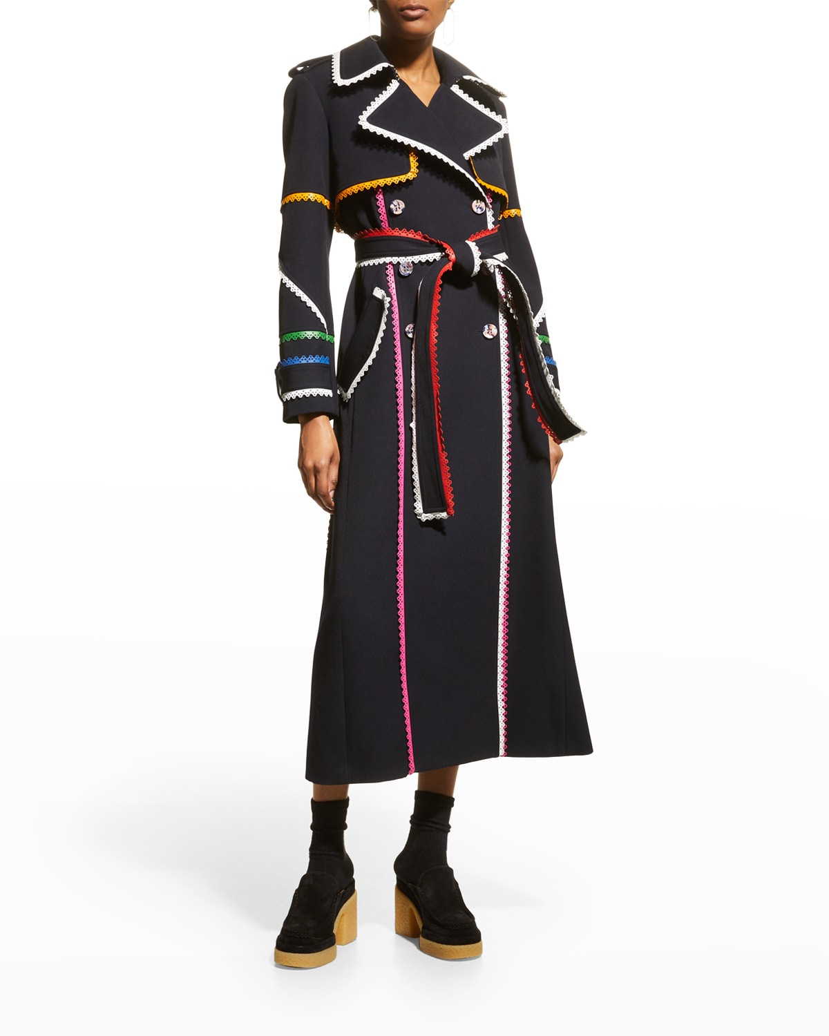 Double-Breasted Belted Trench w/ Scalloped Leather Ribbons | Neiman Marcus