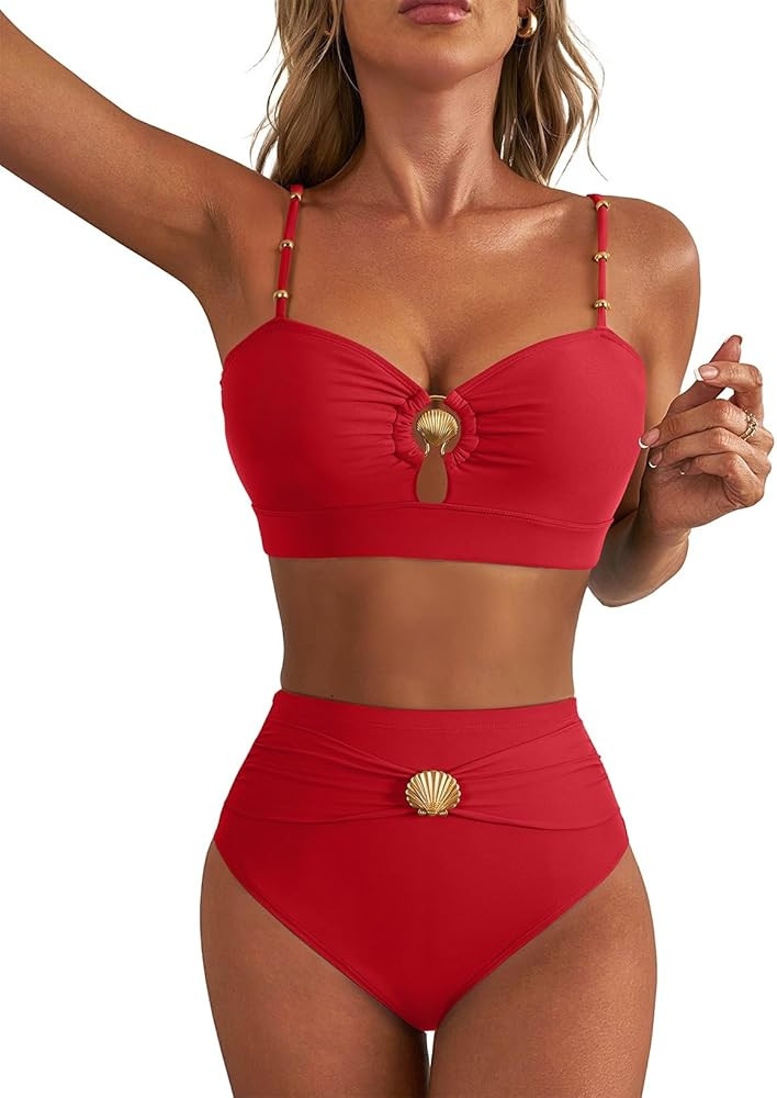 Herseas Women 2 Piece Bikini Sets Seashell Ring Swimsuit High Waisted Cutout 2026 Beach Summer Sw... | Amazon (US)