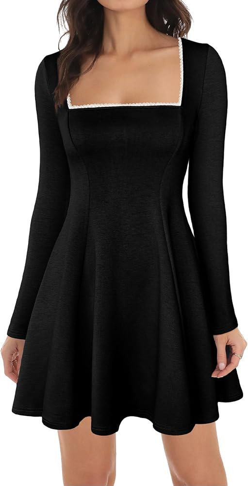 Lrady Womens Square Neck Bodice Dress Long Sleeve Flare A Line Club Party Mini Ruffle Swing Short... | Amazon (US)