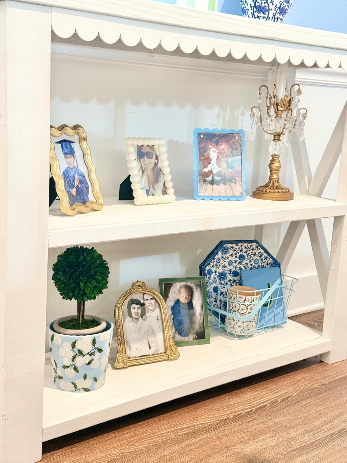 Picture frames gold mirror scalloped trim table lamp hydrangeas blue and white home decor | Amazon (US)