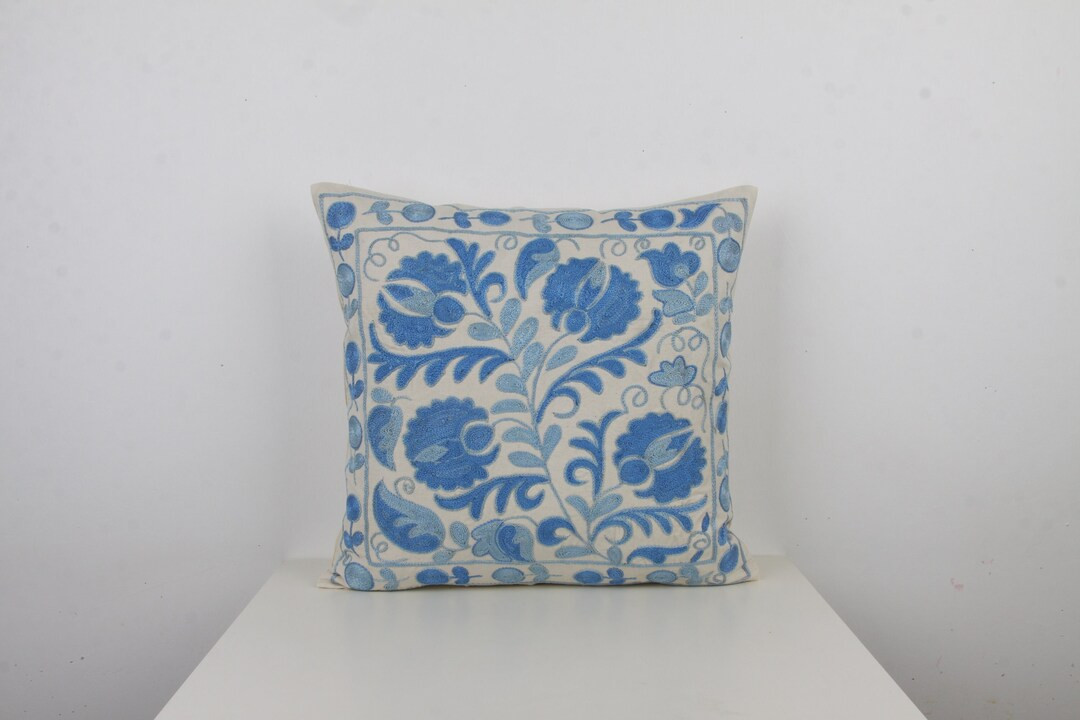 Embroidered Suzani Pillowcase Bohemian Blue White 18"x18" (45x45cm) Eclectic Pillow Silk Zippered... | Etsy (US)