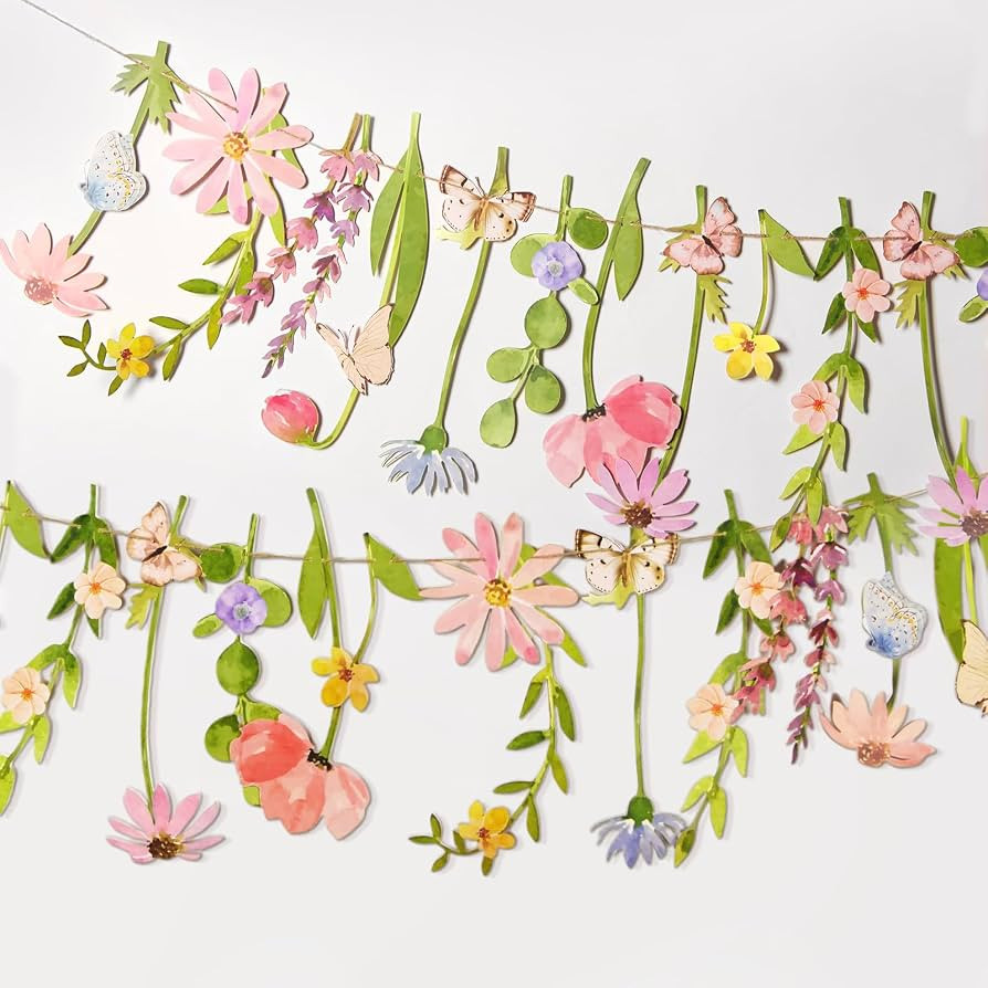 Butterfly Banner Wildflower Party Decorations Paper Flower Leaves Banner Butterfly Garland for Wa... | Amazon (US)