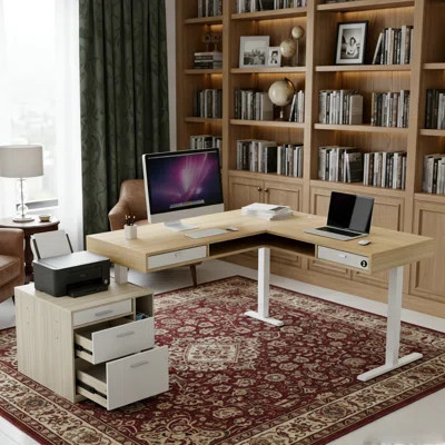 63" X 55" Electric L-Shaped Standing Desk With 2 Under Desk Drawers, Open Storage & Side File Cabinet, Height Adjustable Corner Desk With Power Strip | Wayfair North America