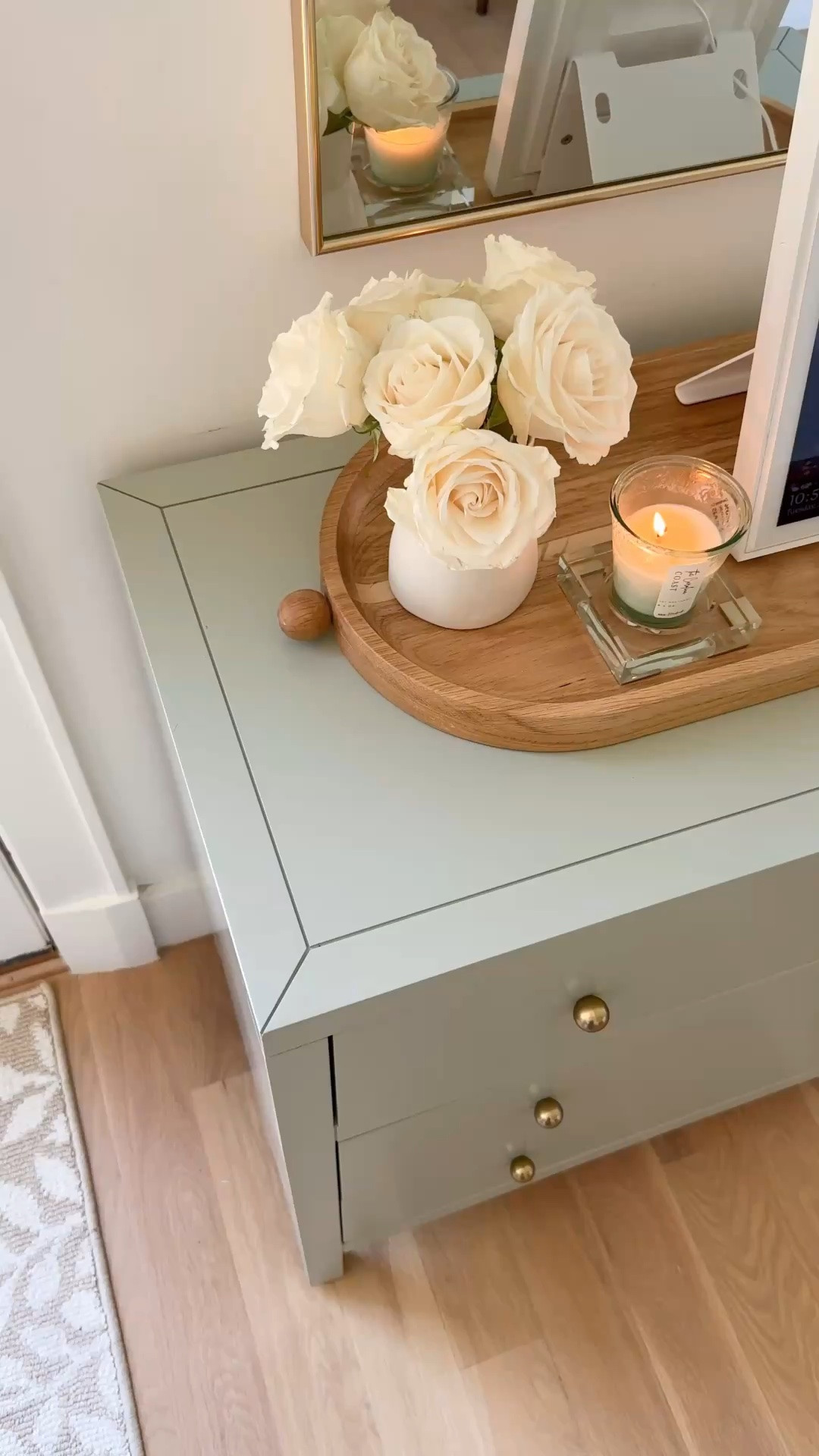 A closer look at the sage green chest in our breakfast nook. I love incorporating furniture that feels collected and timeless while serving a practical purpose. The soft, muted green adds just the right amount of color, the brass hardware gives it an elevated touch, and the three drawers provide much-needed hidden storage for table linens, placemats, and all the little extras. A beautiful alternative to a traditional dining room server! 🤍

#LTKSaleAlert #LTKdayinmylife #LTKHome