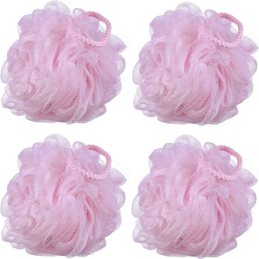 60g/pcs Pink Mesh Bath Sponge Shower Pouf Loofahs Shower Puff Pack of 4 (Pink) | Amazon (US)