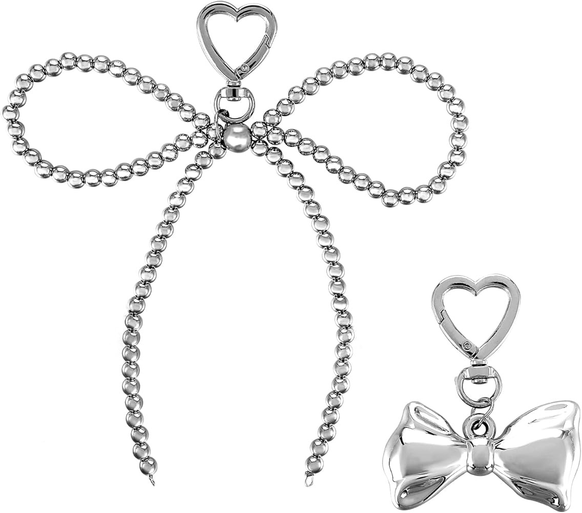 2Pcs Bow Keychain, Silver Bow Bag Charm Cute Beaded Bowknot Purse Charms Aesthetic Phone Charm Ke... | Amazon (US)