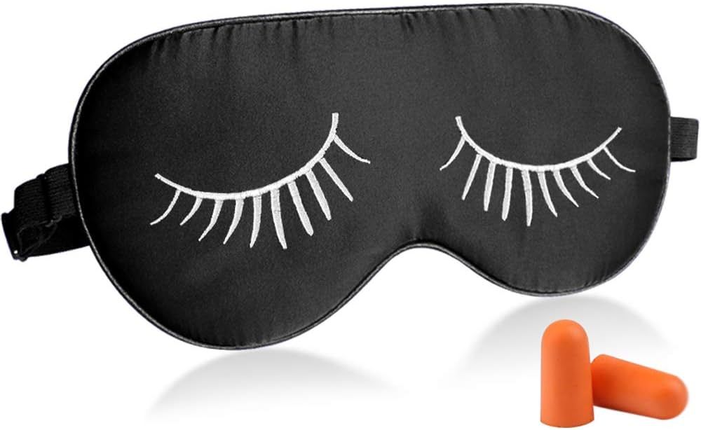 Fitglam Natural Silk Sleep Mask / Eye Mask with Eyelashes Patterns & Free Ear Plugs, Black With W... | Amazon (US)