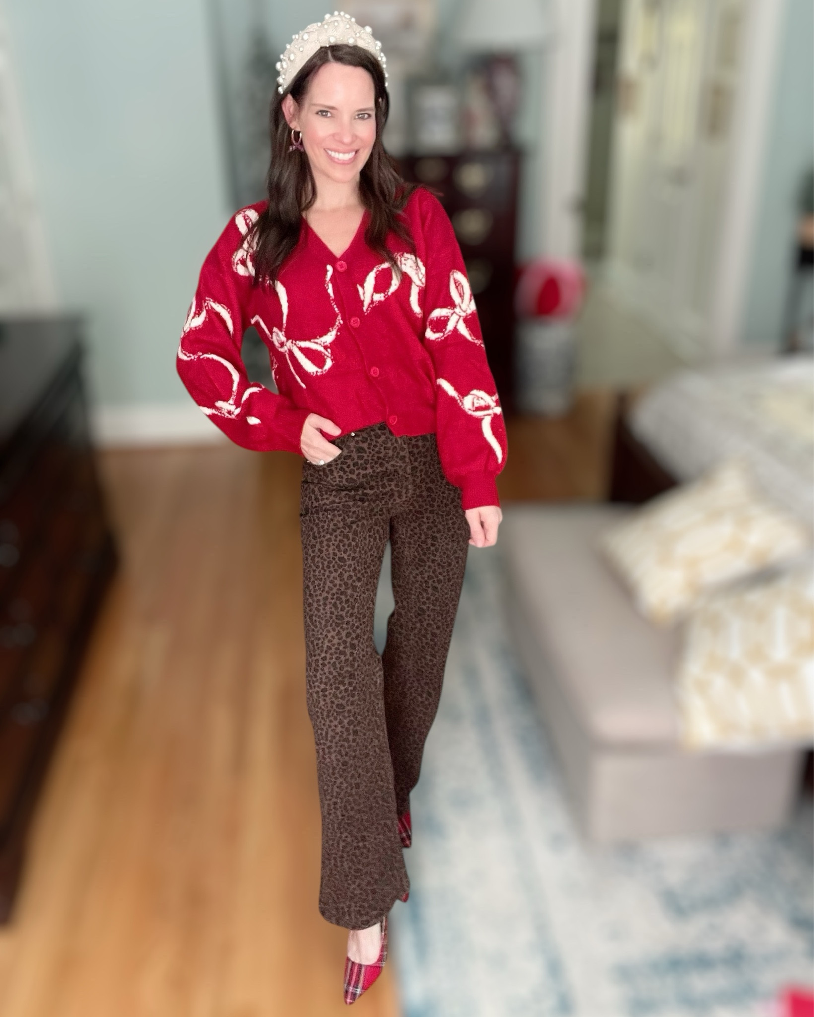 Okay festive girlies 🎄🎀 this outfit is the cutest mix of holiday + playful glam! I paired this red bow cardigan (so on trend right now) with these high-rise leopard flare pants — they’re stretchy, comfy, and give that fun “holiday party but still comfy” vibe 🙌✨ Added a pearl headband for a little girly glam and plaid heels to really tie the Christmas look together ❤️💚

This is such a great casual holiday outfit idea for school events, work parties, cookie swaps, church brunch, or family pics — it’s festive without being overly dressy 🎁

⸻

Shop the Look:
🎀 Red Bow Cardigan (Amazon)
🐆 High-Rise Leopard Flare Pants (Amazon)
🤍 Pearl Headband (Lele Sadoughi or look-for-less options)
💚 Plaid Heels (Amazon)
🎄 Holiday Bow Hoop Earrings (Walmart)

⸻


holiday outfit ideas • festive outfit • Christmas party outfit • casual Christmas outfit • holiday sweaters • Amazon holiday outfit • affordable holiday fashion • pearl headband outfit • plaid heels outfit • winter outfit ideas • mom holiday outfit inspo • family Christmas gathering outfit • cozy cute holiday look


#LTKFindsUnder50 #LTKFindsUnder100 #LTKHoliday