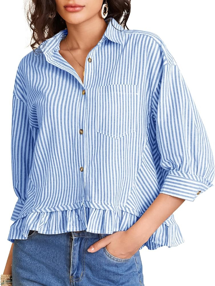 COZYPOIN Womens Striped Button Down Cotton Shirts Cropped Ruffle Hem 3/4 Sleeve Casual Collared Blouses Office Work Tops | Amazon (US)