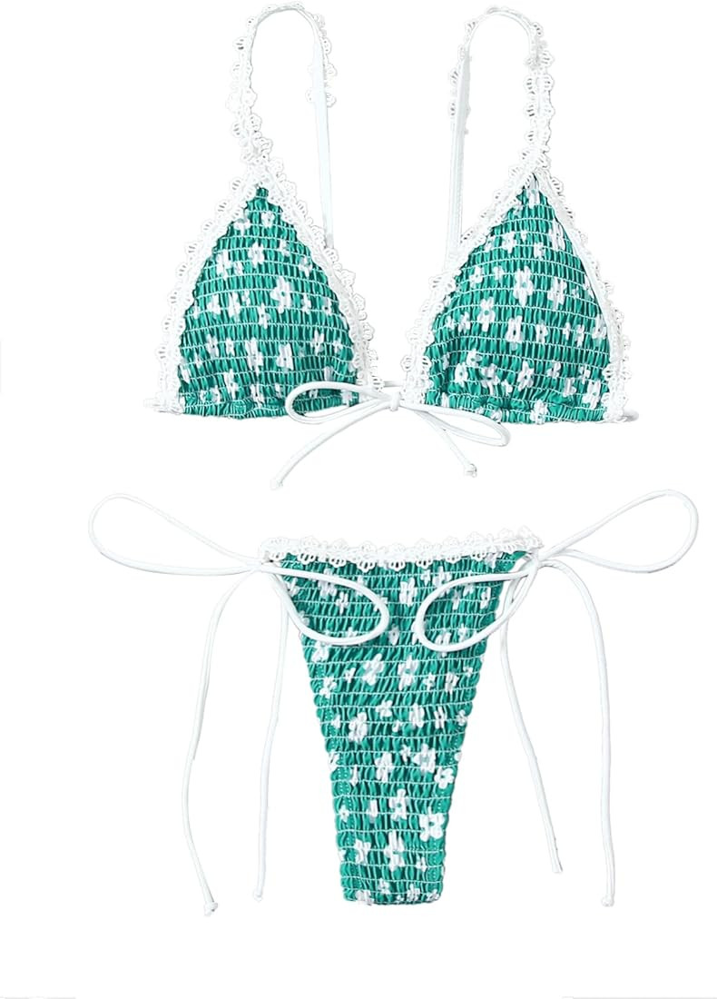 GORGLITTER Women's 2 Piece Swimsuits Floral Smocked Shirred Bikini Sets Tie High Cut Thong Bathin... | Amazon (US)