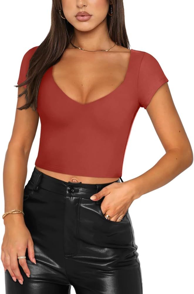 REORIA Women's Sexy V Neck Short Sleeve Double Lined Slimming T Shirts Crop Tops Tees | Amazon (US)