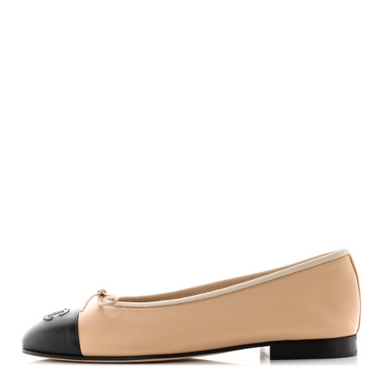 CHANEL Lambskin Cap Toe CC Ballerina Flats 37 Beige Black | FASHIONPHILE (US)