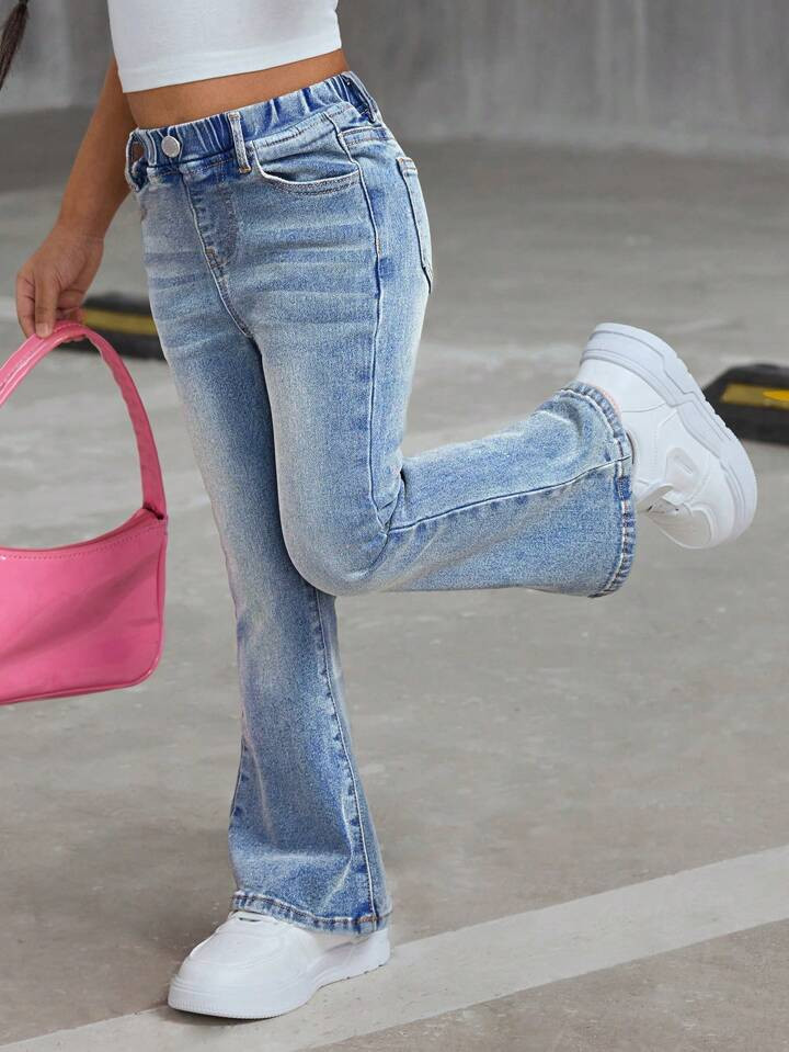 SHEIN Y2K Style Pocketed Flare Leg Casual Versatile Jeans For Young Girls | SHEIN