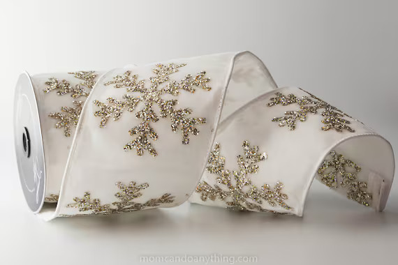 White Velvet With Glittered Snowflake WIRED Ribbon Designer | Etsy | Etsy (US)