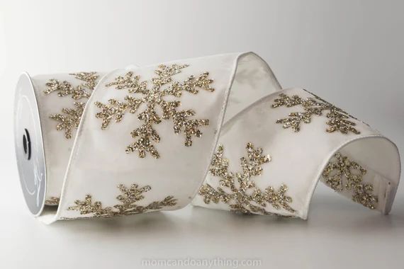 White Velvet With Glittered Snowflake WIRED Ribbon Designer | Etsy | Etsy (US)