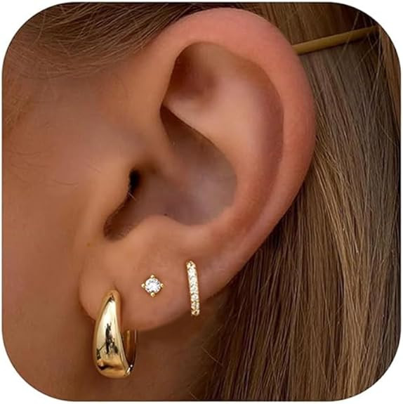 Gold Earrings for Women, Small Chunky 14K Gold Plated Hypoallergenic Huggie Hoop Earring Sets for... | Amazon (US)