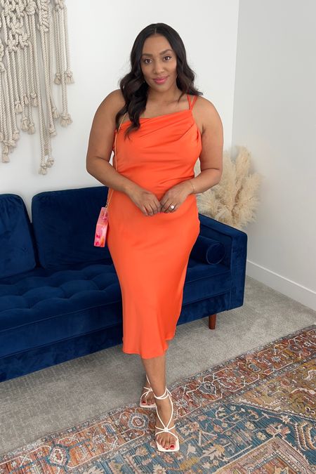 Spring/Summer wedding guest inspo! This dress is so flattering and TTS! In the XL, and has adjustable straps! 
Amazon, orange, semi formal 

#LTKwedding #LTKGala #LTKmidsize