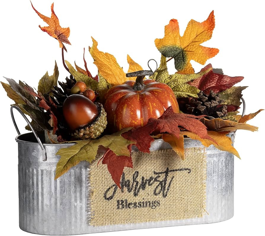 Valery Madelyn Fall Arrangement Decor with Maple Leaves, Pumpkin Acorn Pine Cone in Metal Planter... | Amazon (US)